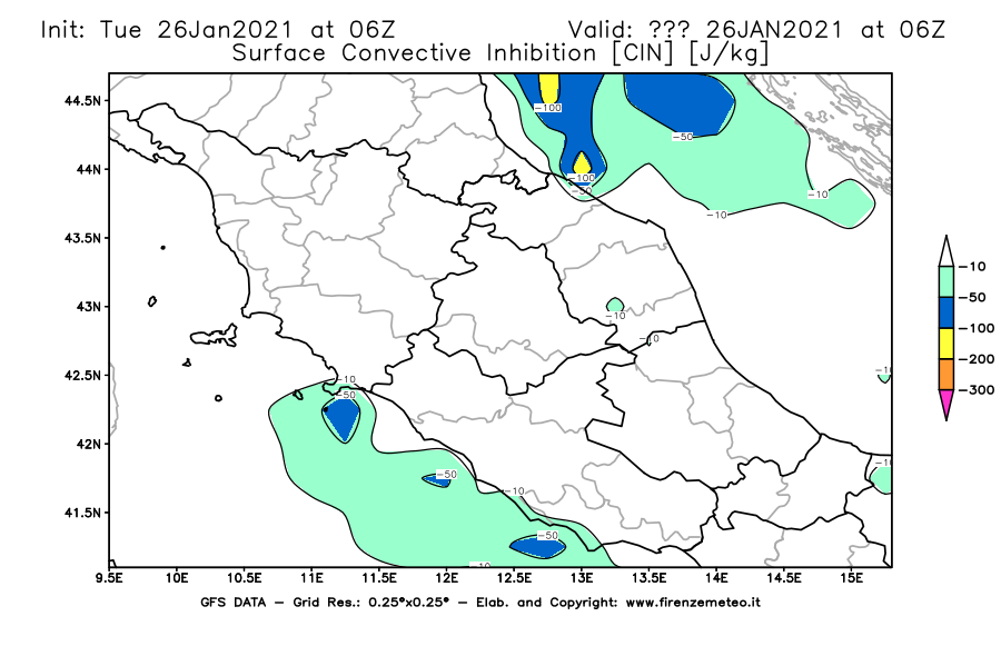 Mappa di analisi GFS - CIN [J/kg] in Centro-Italia
							del 26/01/2021 06 <!--googleoff: index-->UTC<!--googleon: index-->