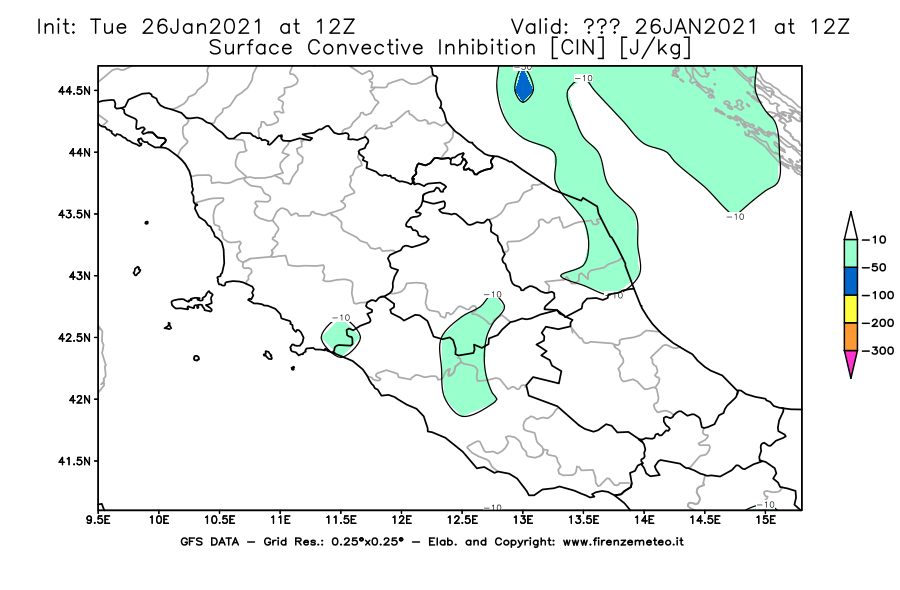 Mappa di analisi GFS - CIN [J/kg] in Centro-Italia
							del 26/01/2021 12 <!--googleoff: index-->UTC<!--googleon: index-->