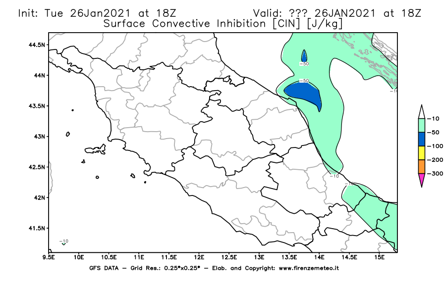 Mappa di analisi GFS - CIN [J/kg] in Centro-Italia
							del 26/01/2021 18 <!--googleoff: index-->UTC<!--googleon: index-->