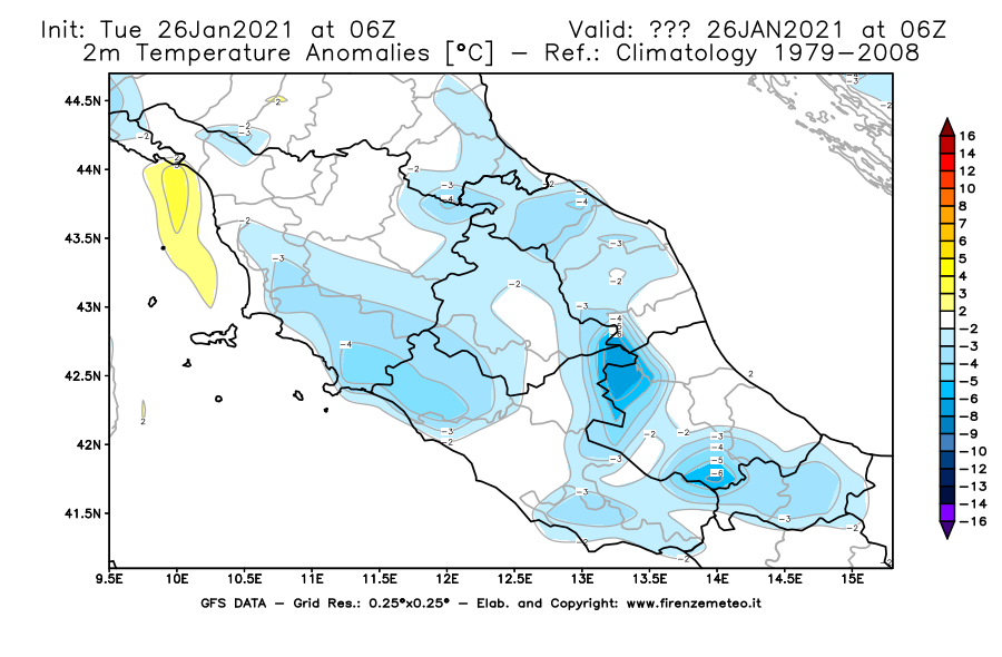 Mappa di analisi GFS - Anomalia Temperatura [°C] a 2 m in Centro-Italia
							del 26/01/2021 06 <!--googleoff: index-->UTC<!--googleon: index-->