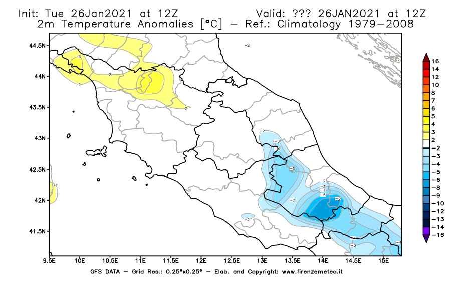 Mappa di analisi GFS - Anomalia Temperatura [°C] a 2 m in Centro-Italia
							del 26/01/2021 12 <!--googleoff: index-->UTC<!--googleon: index-->