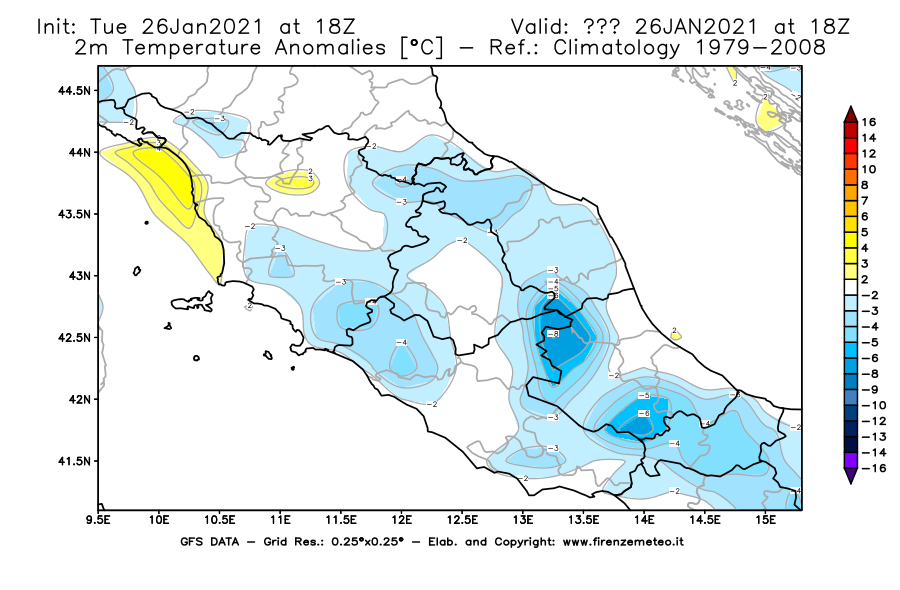 Mappa di analisi GFS - Anomalia Temperatura [°C] a 2 m in Centro-Italia
							del 26/01/2021 18 <!--googleoff: index-->UTC<!--googleon: index-->