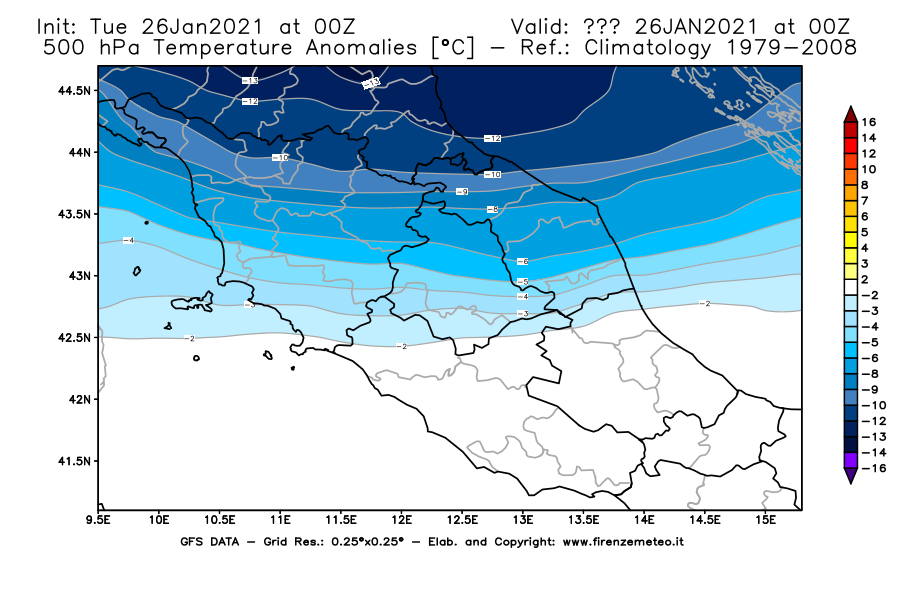 Mappa di analisi GFS - Anomalia Temperatura [°C] a 500 hPa in Centro-Italia
							del 26/01/2021 00 <!--googleoff: index-->UTC<!--googleon: index-->