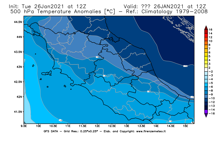 Mappa di analisi GFS - Anomalia Temperatura [°C] a 500 hPa in Centro-Italia
							del 26/01/2021 12 <!--googleoff: index-->UTC<!--googleon: index-->