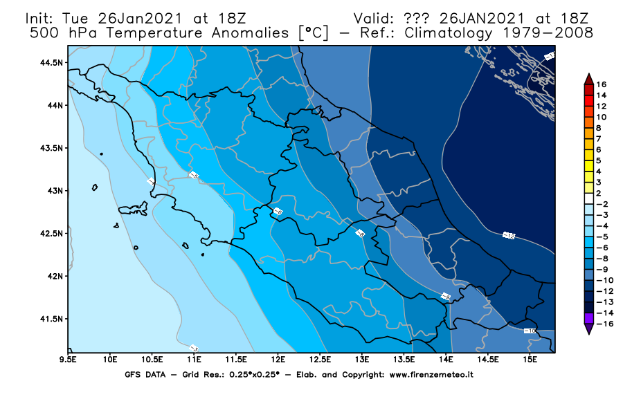 Mappa di analisi GFS - Anomalia Temperatura [°C] a 500 hPa in Centro-Italia
							del 26/01/2021 18 <!--googleoff: index-->UTC<!--googleon: index-->