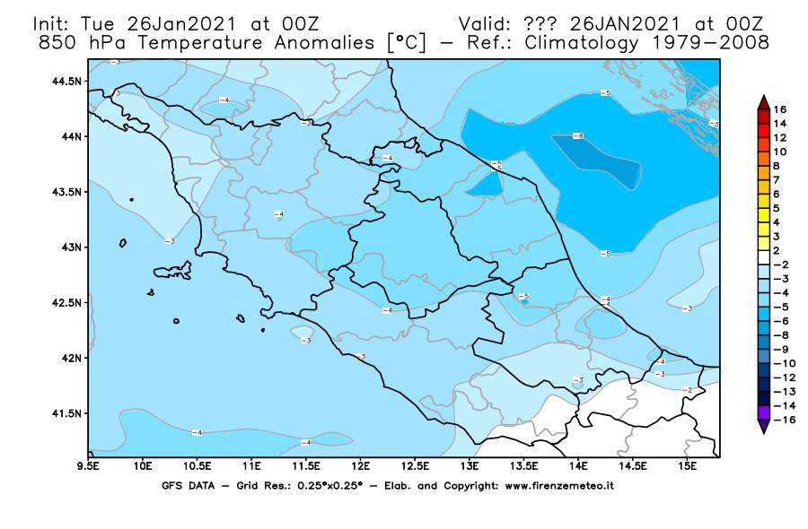 Mappa di analisi GFS - Anomalia Temperatura [°C] a 850 hPa in Centro-Italia
							del 26/01/2021 00 <!--googleoff: index-->UTC<!--googleon: index-->