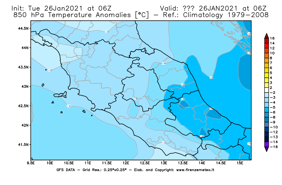 Mappa di analisi GFS - Anomalia Temperatura [°C] a 850 hPa in Centro-Italia
							del 26/01/2021 06 <!--googleoff: index-->UTC<!--googleon: index-->