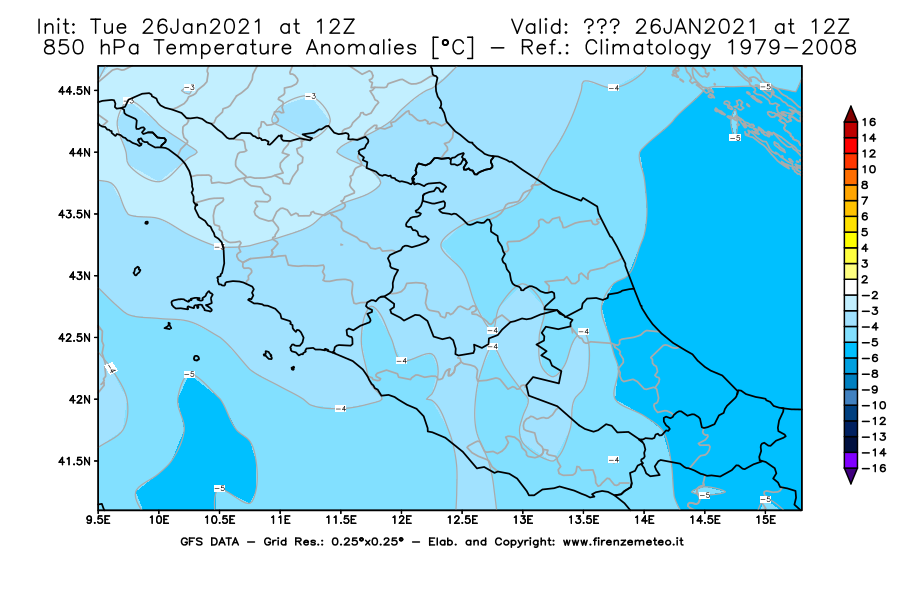 Mappa di analisi GFS - Anomalia Temperatura [°C] a 850 hPa in Centro-Italia
							del 26/01/2021 12 <!--googleoff: index-->UTC<!--googleon: index-->