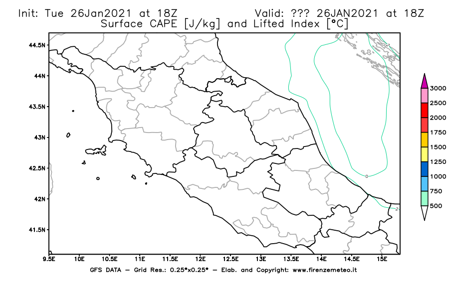 Mappa di analisi GFS - CAPE [J/kg] e Lifted Index [°C] in Centro-Italia
							del 26/01/2021 18 <!--googleoff: index-->UTC<!--googleon: index-->
