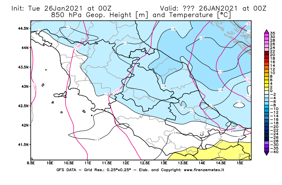 Mappa di analisi GFS - Geopotenziale [m] e Temperatura [°C] a 850 hPa in Centro-Italia
							del 26/01/2021 00 <!--googleoff: index-->UTC<!--googleon: index-->