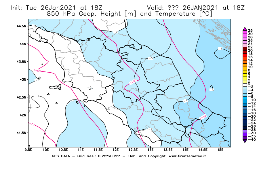 Mappa di analisi GFS - Geopotenziale [m] e Temperatura [°C] a 850 hPa in Centro-Italia
							del 26/01/2021 18 <!--googleoff: index-->UTC<!--googleon: index-->