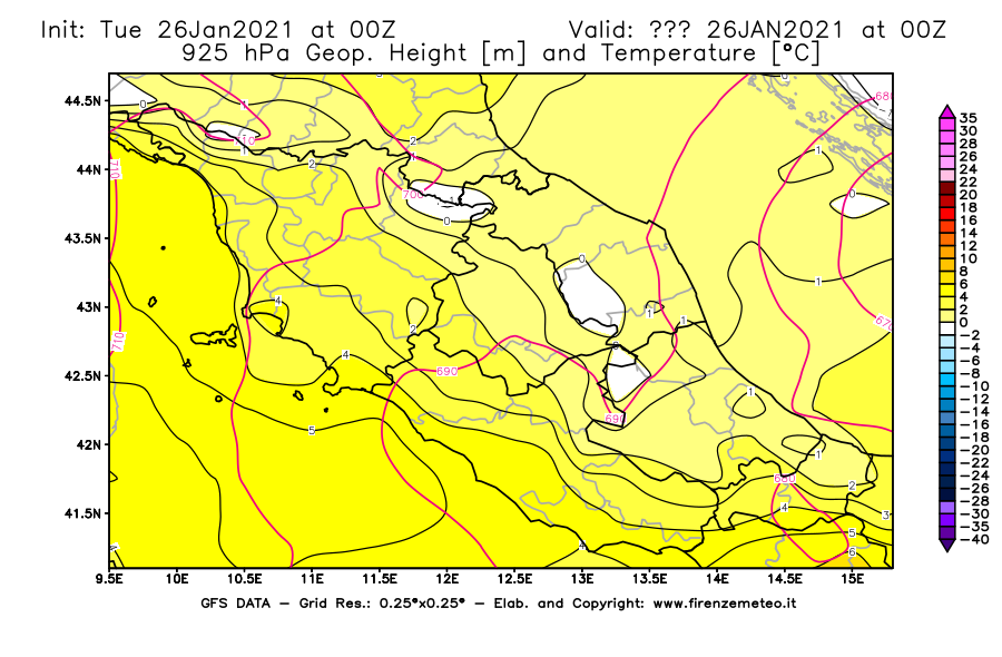 Mappa di analisi GFS - Geopotenziale [m] e Temperatura [°C] a 925 hPa in Centro-Italia
							del 26/01/2021 00 <!--googleoff: index-->UTC<!--googleon: index-->