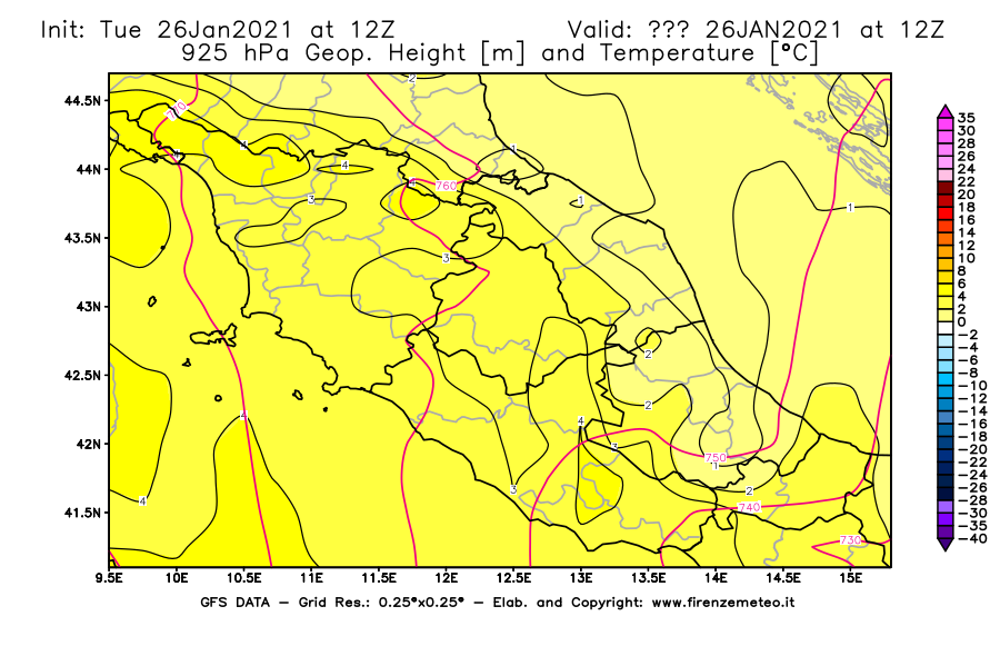 Mappa di analisi GFS - Geopotenziale [m] e Temperatura [°C] a 925 hPa in Centro-Italia
							del 26/01/2021 12 <!--googleoff: index-->UTC<!--googleon: index-->
