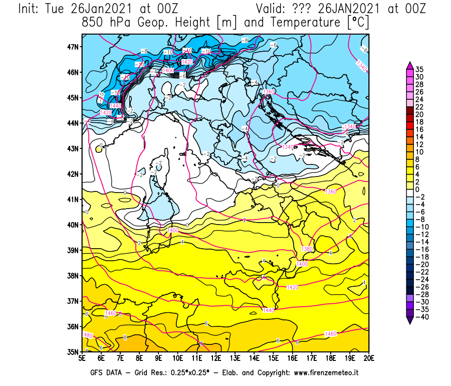 Mappa di analisi GFS - Geopotenziale [m] e Temperatura [°C] a 850 hPa in Italia
							del 26/01/2021 00 <!--googleoff: index-->UTC<!--googleon: index-->