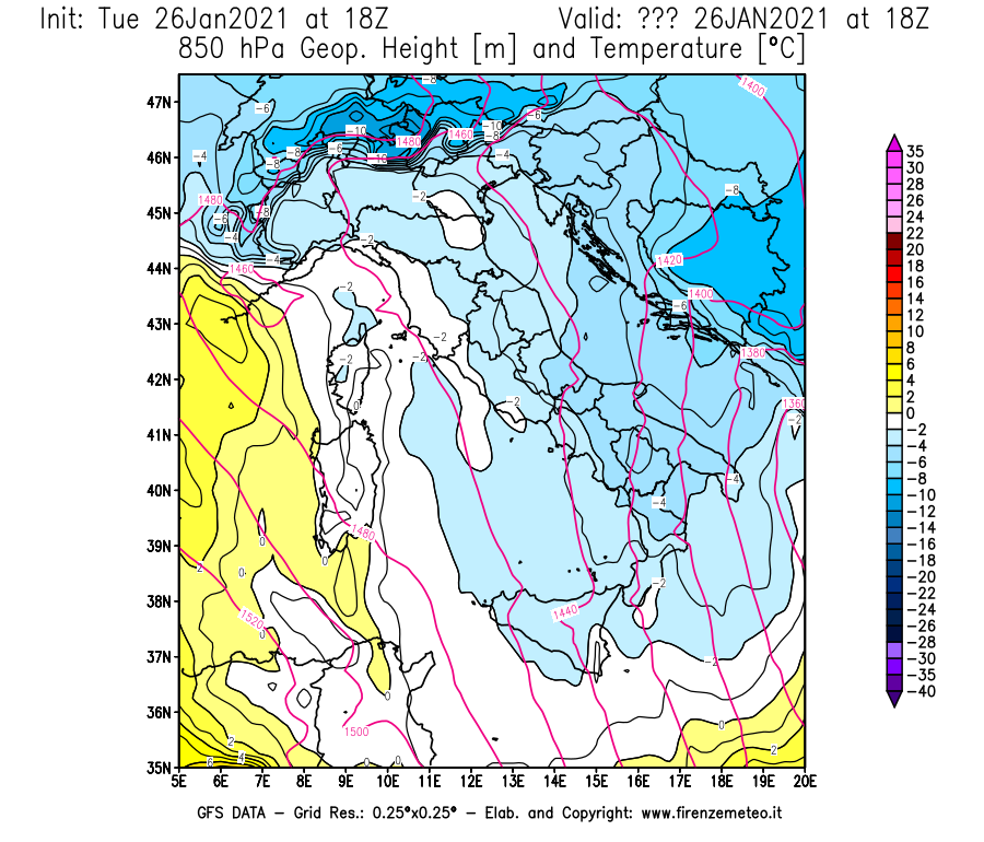 Mappa di analisi GFS - Geopotenziale [m] e Temperatura [°C] a 850 hPa in Italia
							del 26/01/2021 18 <!--googleoff: index-->UTC<!--googleon: index-->