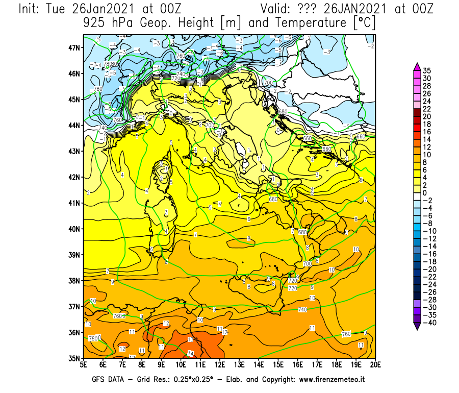 Mappa di analisi GFS - Geopotenziale [m] e Temperatura [°C] a 925 hPa in Italia
							del 26/01/2021 00 <!--googleoff: index-->UTC<!--googleon: index-->