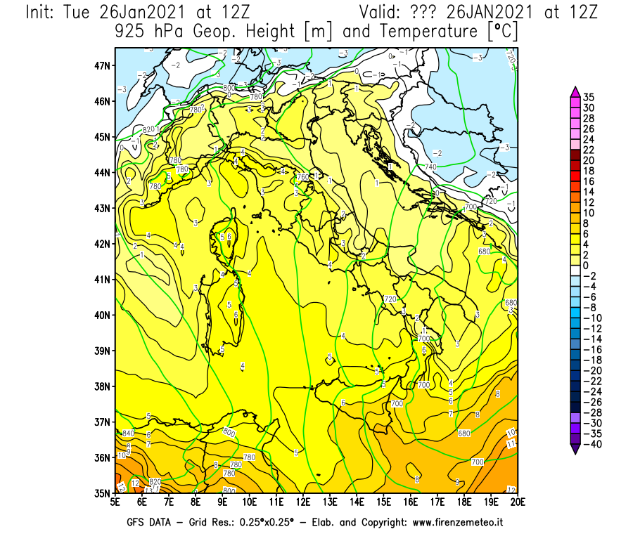 Mappa di analisi GFS - Geopotenziale [m] e Temperatura [°C] a 925 hPa in Italia
							del 26/01/2021 12 <!--googleoff: index-->UTC<!--googleon: index-->