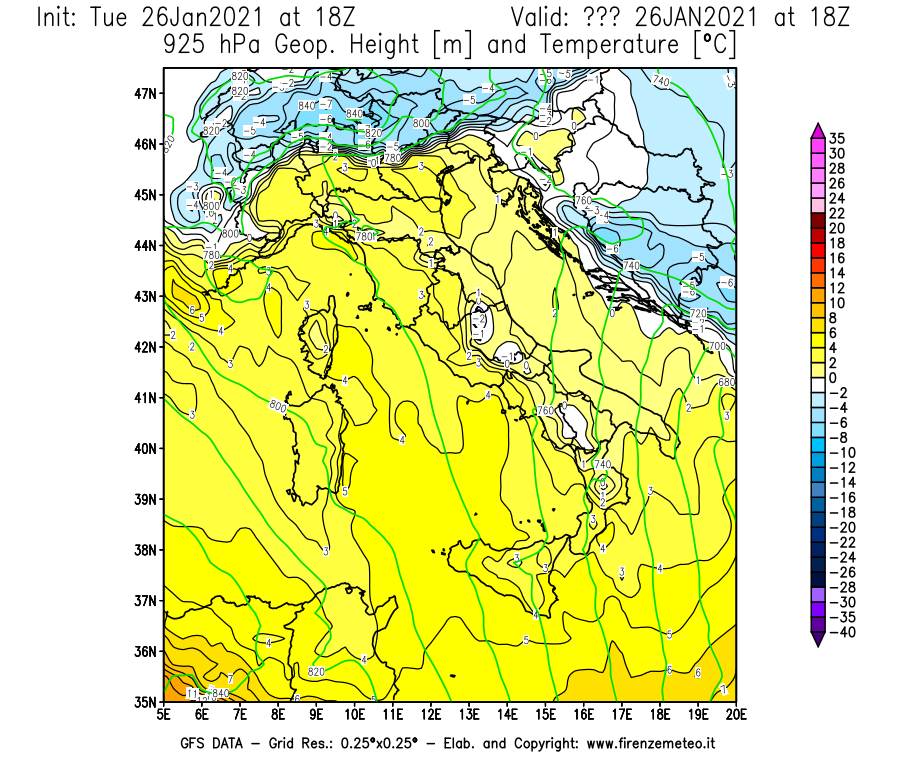Mappa di analisi GFS - Geopotenziale [m] e Temperatura [°C] a 925 hPa in Italia
							del 26/01/2021 18 <!--googleoff: index-->UTC<!--googleon: index-->