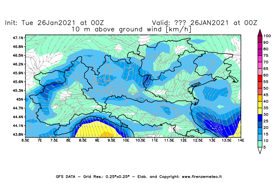 Mappa di analisi GFS - Velocità del vento a 10 metri dal suolo [km/h] in Nord-Italia
							del 26/01/2021 00 <!--googleoff: index-->UTC<!--googleon: index-->