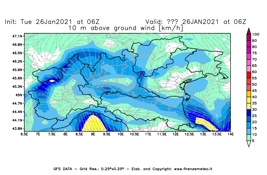 Mappa di analisi GFS - Velocità del vento a 10 metri dal suolo [km/h] in Nord-Italia
							del 26/01/2021 06 <!--googleoff: index-->UTC<!--googleon: index-->