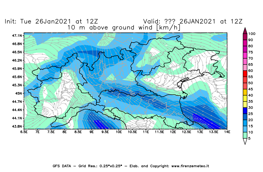 Mappa di analisi GFS - Velocità del vento a 10 metri dal suolo [km/h] in Nord-Italia
							del 26/01/2021 12 <!--googleoff: index-->UTC<!--googleon: index-->