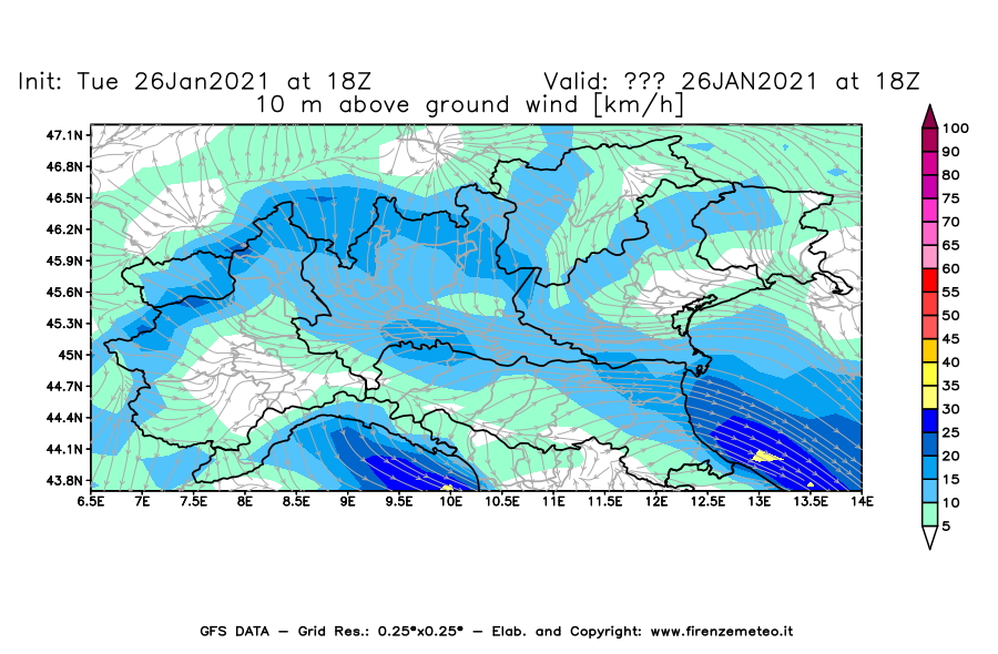 Mappa di analisi GFS - Velocità del vento a 10 metri dal suolo [km/h] in Nord-Italia
							del 26/01/2021 18 <!--googleoff: index-->UTC<!--googleon: index-->