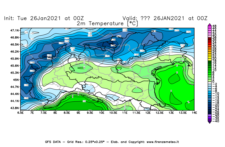 Mappa di analisi GFS - Temperatura a 2 metri dal suolo [°C] in Nord-Italia
							del 26/01/2021 00 <!--googleoff: index-->UTC<!--googleon: index-->