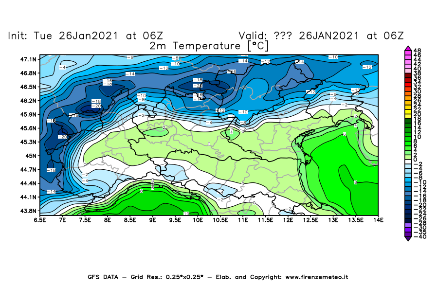 Mappa di analisi GFS - Temperatura a 2 metri dal suolo [°C] in Nord-Italia
							del 26/01/2021 06 <!--googleoff: index-->UTC<!--googleon: index-->