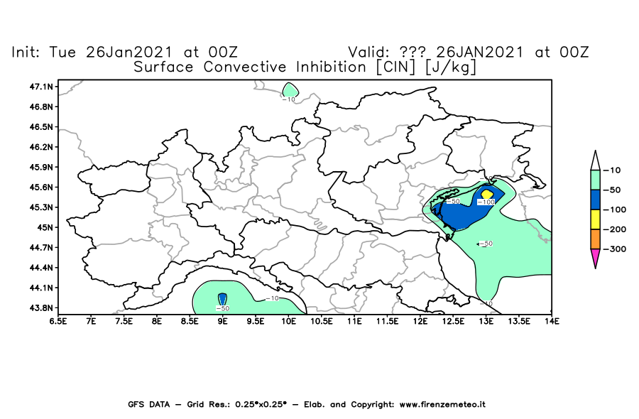 Mappa di analisi GFS - CIN [J/kg] in Nord-Italia
							del 26/01/2021 00 <!--googleoff: index-->UTC<!--googleon: index-->