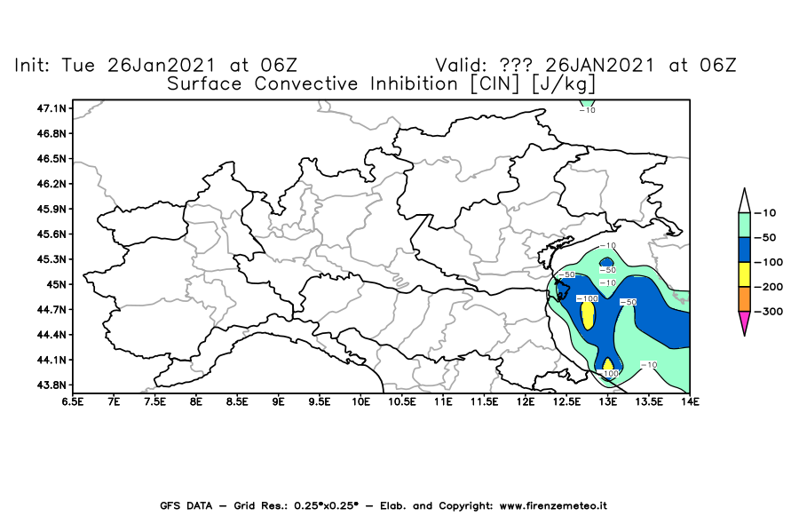 Mappa di analisi GFS - CIN [J/kg] in Nord-Italia
							del 26/01/2021 06 <!--googleoff: index-->UTC<!--googleon: index-->