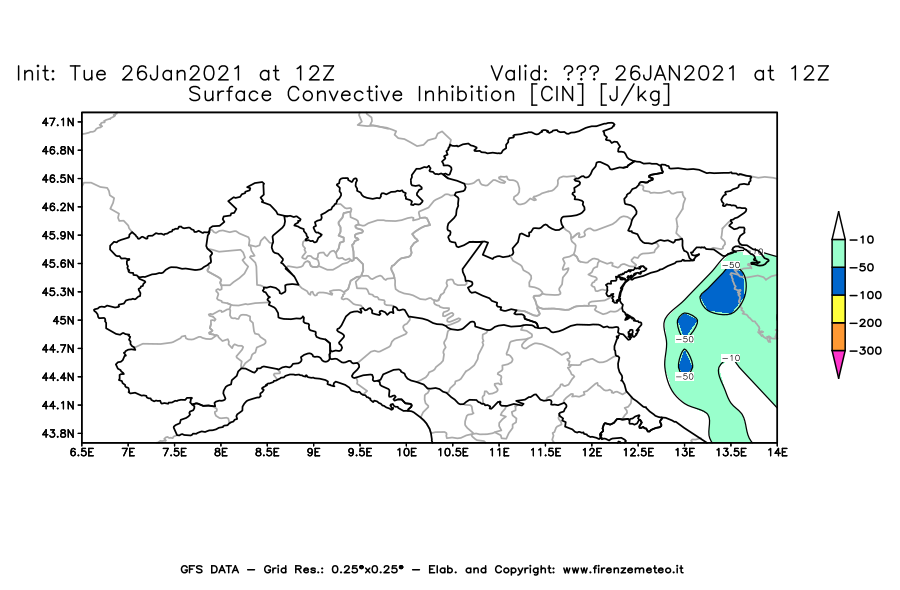 Mappa di analisi GFS - CIN [J/kg] in Nord-Italia
							del 26/01/2021 12 <!--googleoff: index-->UTC<!--googleon: index-->