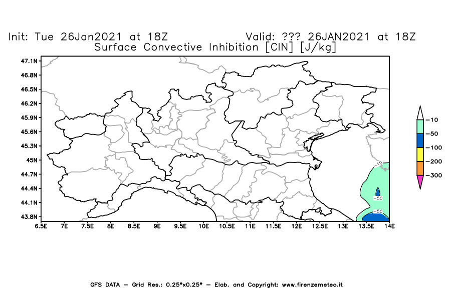 Mappa di analisi GFS - CIN [J/kg] in Nord-Italia
							del 26/01/2021 18 <!--googleoff: index-->UTC<!--googleon: index-->