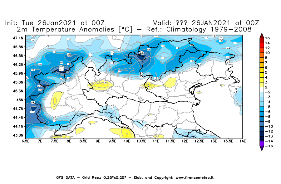 Mappa di analisi GFS - Anomalia Temperatura [°C] a 2 m in Nord-Italia
							del 26/01/2021 00 <!--googleoff: index-->UTC<!--googleon: index-->