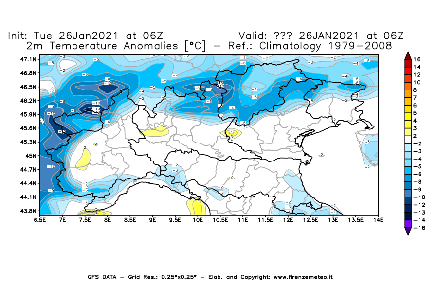 Mappa di analisi GFS - Anomalia Temperatura [°C] a 2 m in Nord-Italia
							del 26/01/2021 06 <!--googleoff: index-->UTC<!--googleon: index-->