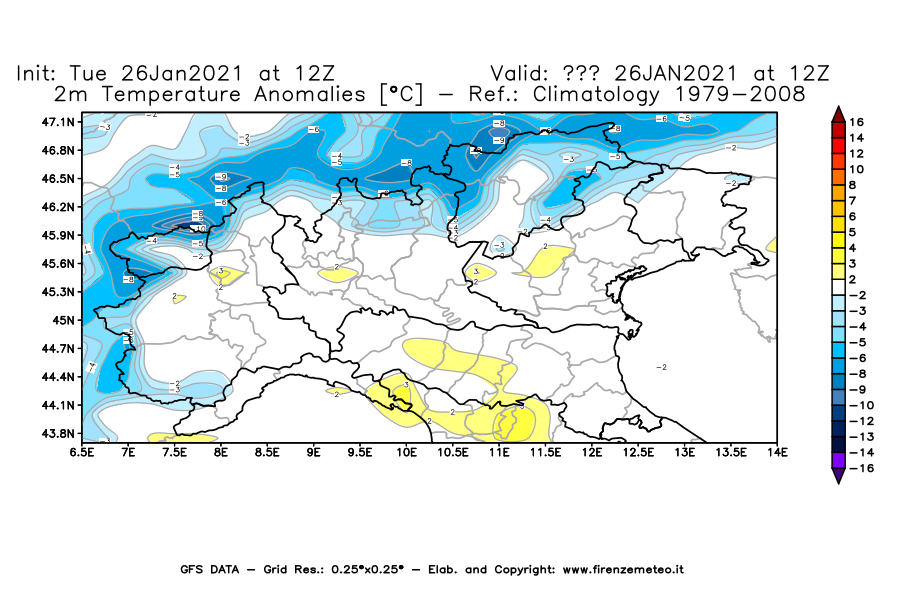 Mappa di analisi GFS - Anomalia Temperatura [°C] a 2 m in Nord-Italia
							del 26/01/2021 12 <!--googleoff: index-->UTC<!--googleon: index-->