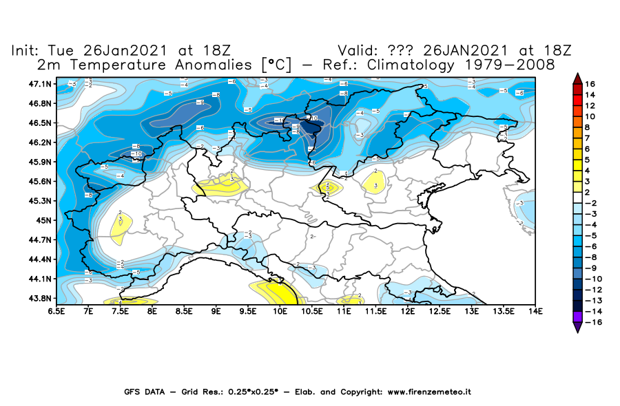 Mappa di analisi GFS - Anomalia Temperatura [°C] a 2 m in Nord-Italia
							del 26/01/2021 18 <!--googleoff: index-->UTC<!--googleon: index-->