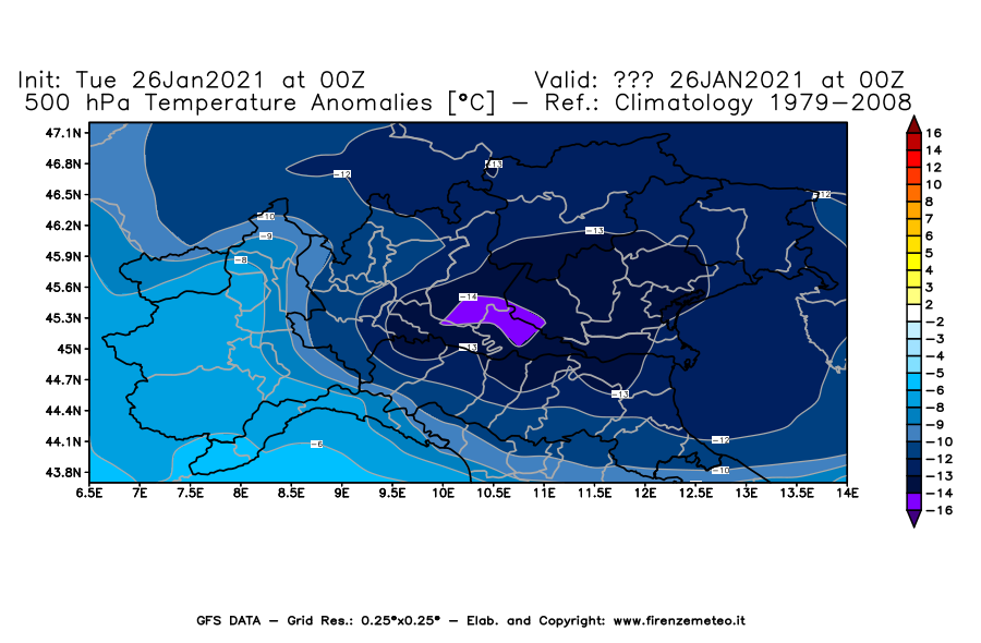 Mappa di analisi GFS - Anomalia Temperatura [°C] a 500 hPa in Nord-Italia
							del 26/01/2021 00 <!--googleoff: index-->UTC<!--googleon: index-->