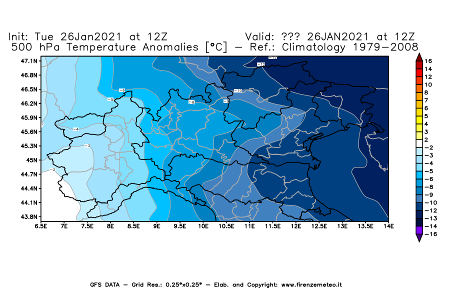 Mappa di analisi GFS - Anomalia Temperatura [°C] a 500 hPa in Nord-Italia
							del 26/01/2021 12 <!--googleoff: index-->UTC<!--googleon: index-->