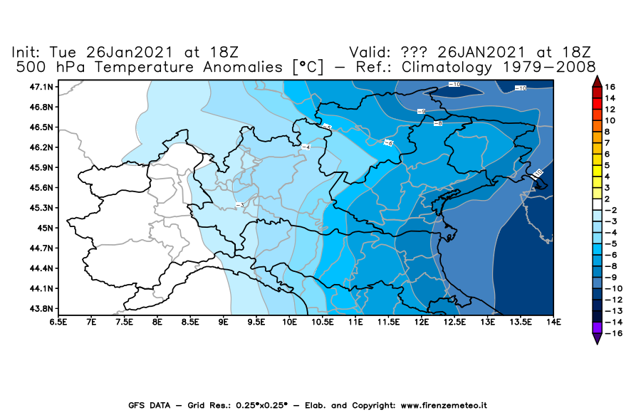 Mappa di analisi GFS - Anomalia Temperatura [°C] a 500 hPa in Nord-Italia
							del 26/01/2021 18 <!--googleoff: index-->UTC<!--googleon: index-->