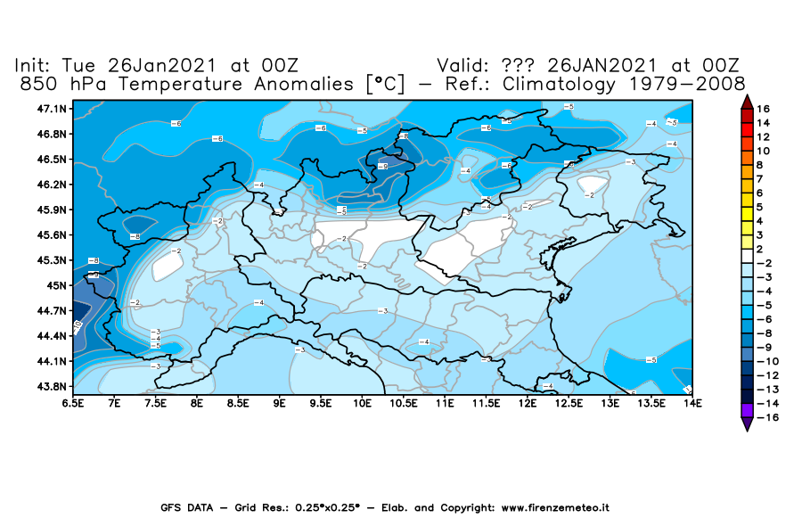 Mappa di analisi GFS - Anomalia Temperatura [°C] a 850 hPa in Nord-Italia
							del 26/01/2021 00 <!--googleoff: index-->UTC<!--googleon: index-->