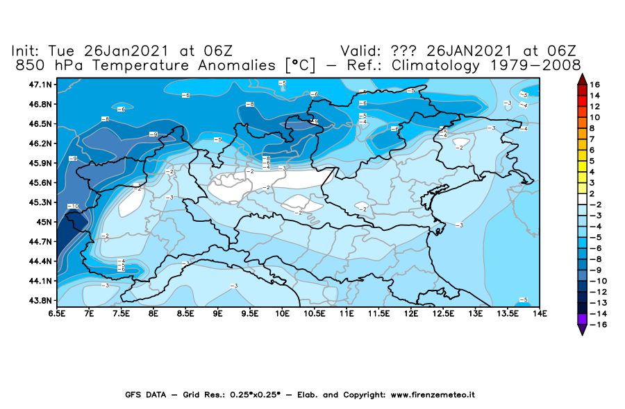 Mappa di analisi GFS - Anomalia Temperatura [°C] a 850 hPa in Nord-Italia
							del 26/01/2021 06 <!--googleoff: index-->UTC<!--googleon: index-->