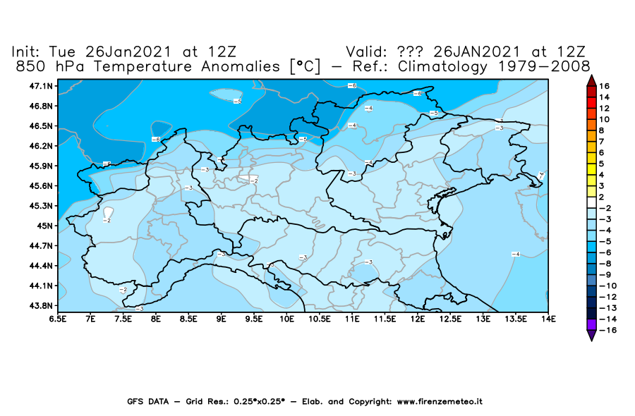 Mappa di analisi GFS - Anomalia Temperatura [°C] a 850 hPa in Nord-Italia
							del 26/01/2021 12 <!--googleoff: index-->UTC<!--googleon: index-->
