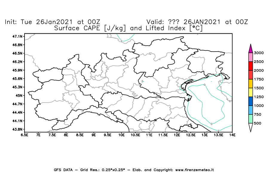 Mappa di analisi GFS - CAPE [J/kg] e Lifted Index [°C] in Nord-Italia
							del 26/01/2021 00 <!--googleoff: index-->UTC<!--googleon: index-->