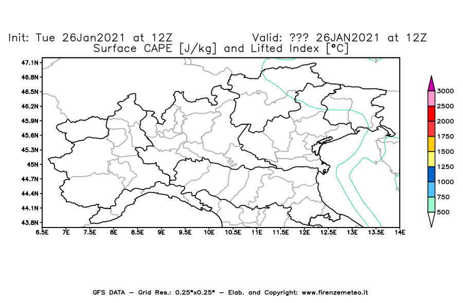Mappa di analisi GFS - CAPE [J/kg] e Lifted Index [°C] in Nord-Italia
							del 26/01/2021 12 <!--googleoff: index-->UTC<!--googleon: index-->