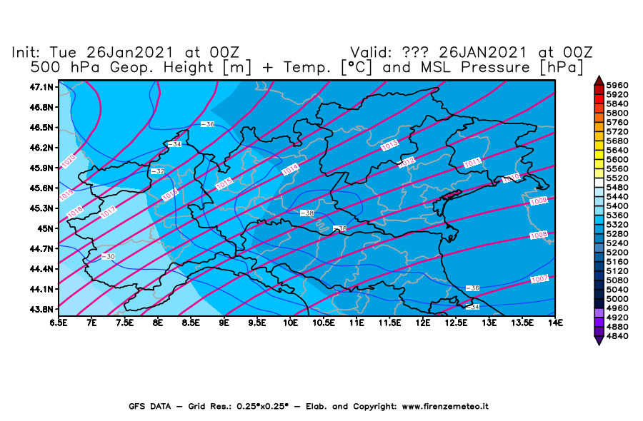 Mappa di analisi GFS - Geopotenziale [m] + Temp. [°C] a 500 hPa + Press. a livello del mare [hPa] in Nord-Italia
							del 26/01/2021 00 <!--googleoff: index-->UTC<!--googleon: index-->