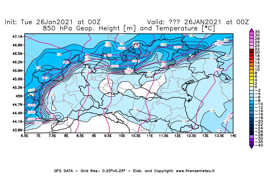 Mappa di analisi GFS - Geopotenziale [m] e Temperatura [°C] a 850 hPa in Nord-Italia
							del 26/01/2021 00 <!--googleoff: index-->UTC<!--googleon: index-->