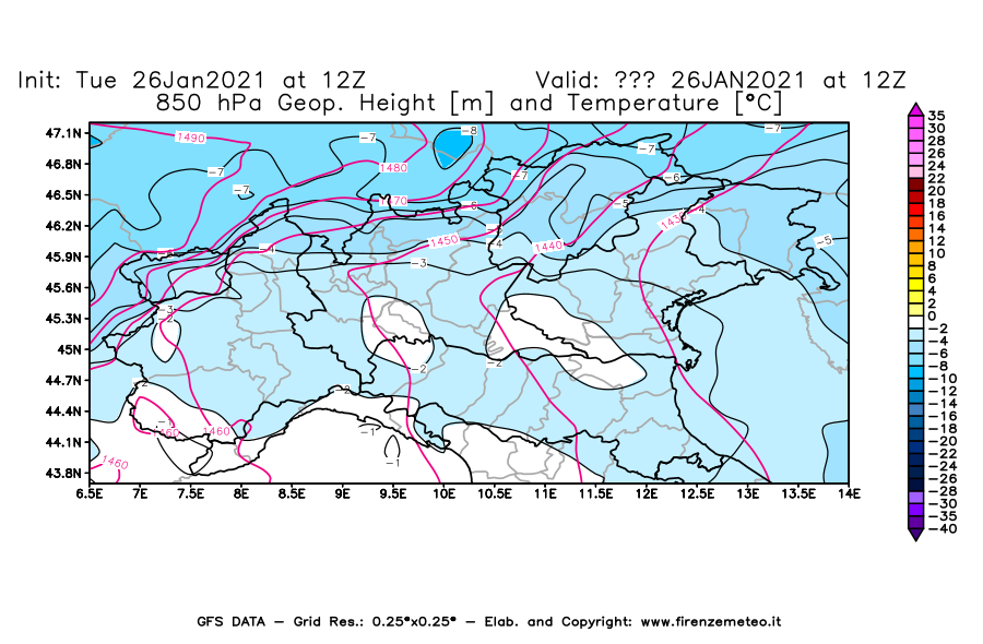 Mappa di analisi GFS - Geopotenziale [m] e Temperatura [°C] a 850 hPa in Nord-Italia
							del 26/01/2021 12 <!--googleoff: index-->UTC<!--googleon: index-->