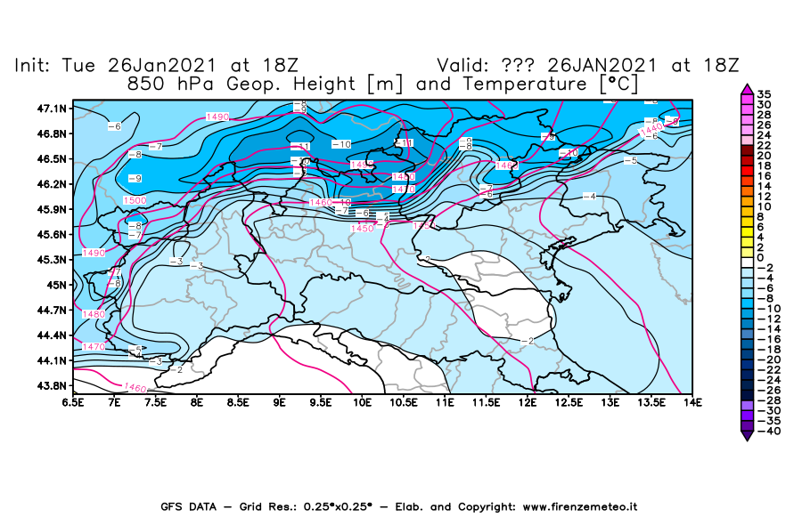 Mappa di analisi GFS - Geopotenziale [m] e Temperatura [°C] a 850 hPa in Nord-Italia
							del 26/01/2021 18 <!--googleoff: index-->UTC<!--googleon: index-->