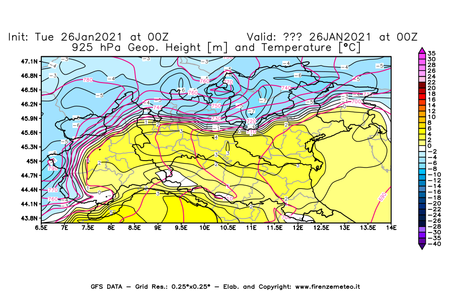 Mappa di analisi GFS - Geopotenziale [m] e Temperatura [°C] a 925 hPa in Nord-Italia
							del 26/01/2021 00 <!--googleoff: index-->UTC<!--googleon: index-->