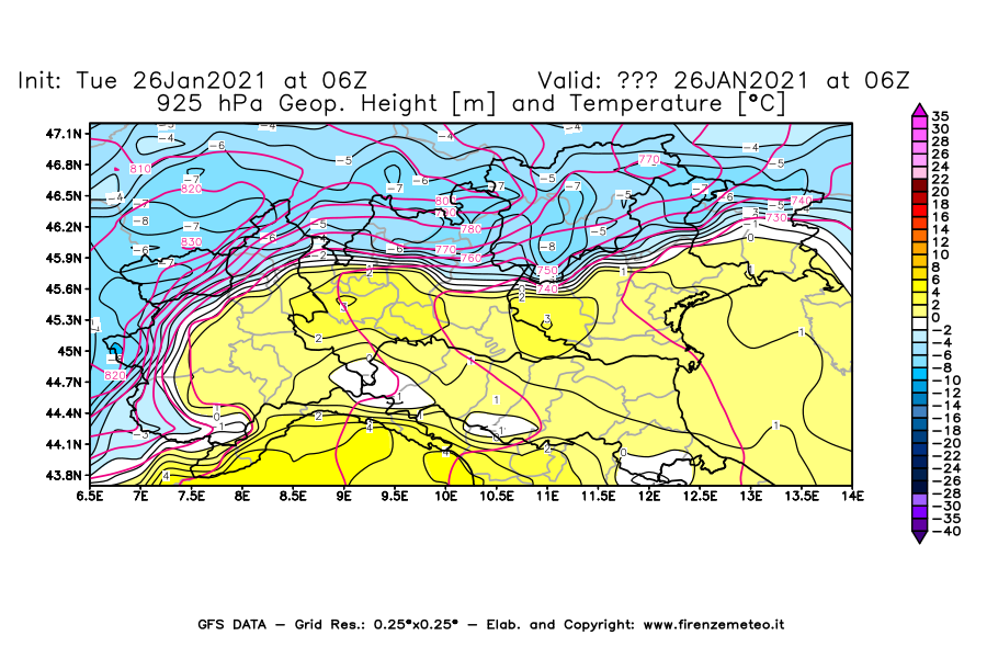Mappa di analisi GFS - Geopotenziale [m] e Temperatura [°C] a 925 hPa in Nord-Italia
							del 26/01/2021 06 <!--googleoff: index-->UTC<!--googleon: index-->